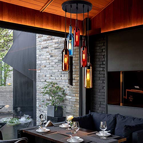Glass Bottle Chandelier, Colored Wine Bottle Chandelier 5-Light Creative Retro Industrial Ceiling Chandelier Glass Pendant Lighting E27 For Cafe Restaurant Kitchen Dining Bar (Round 5-Light) #TOP5
