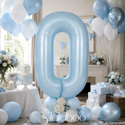 Image of 40Inch Light Blue Number 0 Balloon Large Helium Light Blue Number Balloons 0-9 Giant Digital 0th Foil Mylar Big Party Balloon for Men Birthday Party Anniversary Graduation Decorations