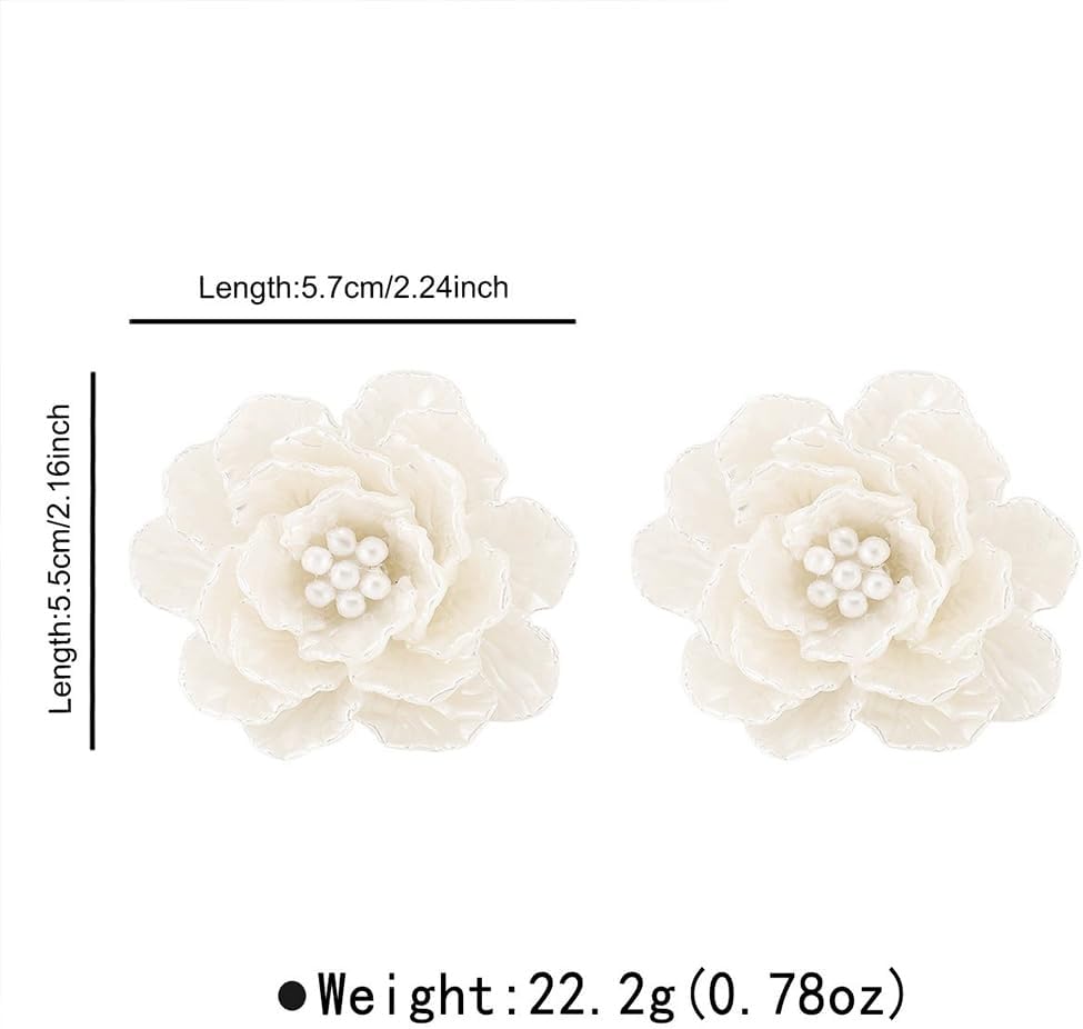 Dainty Large White Shell Pearl Flower Stud Earrings for Women, Vintage Boho Acrylic Big Camellia Floral Earring Fashion Statement Party Jewelry Gifts - Image 2