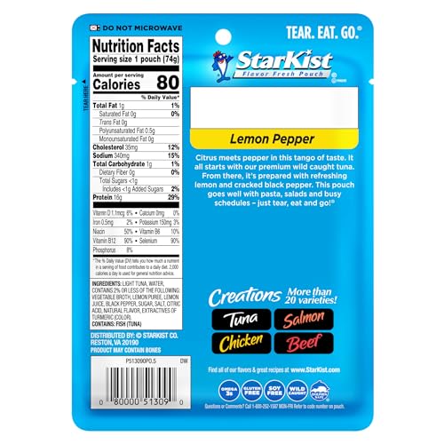 Image of StarKist Tuna Creations Lemon Pepper Pouch (2.6 oz - 12 Pack) Wild Caught, High Protein Shelf Stable Seafood, Gluten Free, Soy Free, No Draining, Ready to Eat for Salads and Sandwiches