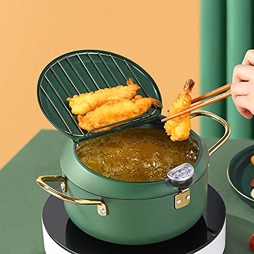 BYBYCD Stainless Steel Deep Frying Pot with Thermometer and Oil Drip Rack Lid Japanese Style Deep Fryer Pot for Home Fry Chicken Chips Fish Shrimp (9.4 inch, green)