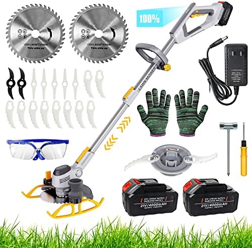 Electric Weed Wacker Cordless Lawn Mower, Weed Eater Grass Cutter Lightweight with Digital Display, String Trimmer with Metal Blades for Garden Yard, 2Pcs 4.0Ah Rechargeable Batteries & Charger