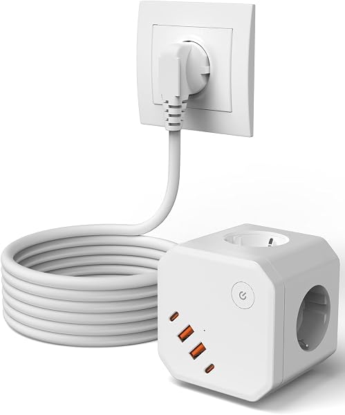 8-in-1 Cube Power Strip with USB C, 4 AC Multiple Socket with Switch, Surge Protection, 3680W Multi Socket with 2M Extension Cable - Ideal for Office, Home - 1