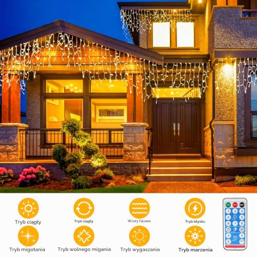 MXJFYY Solarne Lampki Sopelkowe, 22,9 stóp Sopelkowe Lampki Fairy na Zewnątrz Wodoodporne, 32szt*2,62 stóp 256 LED Wodospad Fairy Łańcuch Świetlny 8 Trybów Zdalne Sterowanie Solarna Lampa Ogrodowa do