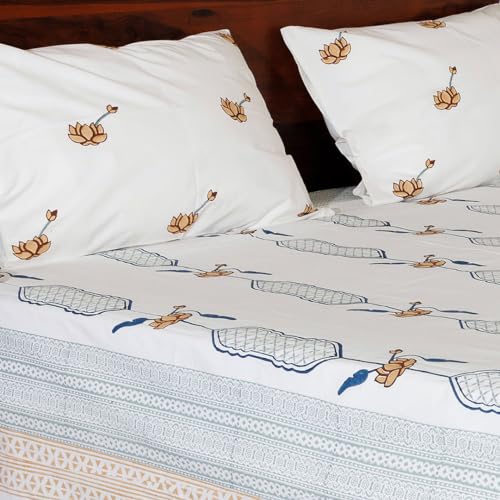 Image of Padma Premium Hand Block Printed Bedsheet | Bed Sheet Flatsheet | Pure Cotton | Double Bed King Size 108 inchx108 inch | 300 TC Bedsheets | Includes 2 Pillow Covers | Flower Spread