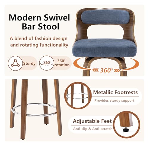 Image of Swivel Bar Stools Set of 2, 26 inch Counter Height Bar Stools, Mid-Century Modern PU Leather Modern Island Chairs with Back and Footrest, for Kitchen, Bar, Restaurant, Cafe, Blue-Gray
