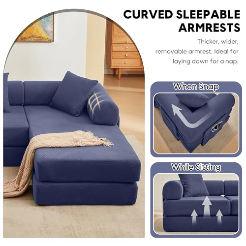 Image of 107 inch Modular Sectional Sofa Bed, L-Shape Corduroy Boneless Couch, Blue