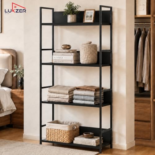 Image of Lukzer 4-Tier Multipurpose Kitchen Organizer Rack (MMR-001 /Black & Black) Metal Frame with Engineered Wood Storage Rack, Bookshelf Stand for Living Room, Bedroom & Office (112 x 58.5 x 23.5 cm)