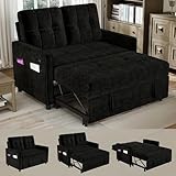 ISHUHL 3 in 1 Convertible Sleeper Sofa Bed, Pull Out Couch with Charging Station, Corduroy Small Loveseat Sleeper Sofa with Adjustable Backrest for Apartment, Bedroom, Small Space（Black）