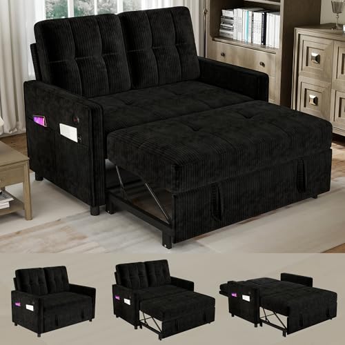 ISHUHL 3 in 1 Convertible Sleeper Sofa Bed, Corduroy Pull Out Couch, Black
