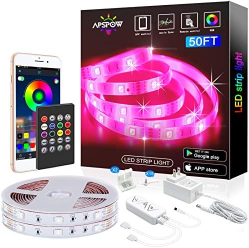 APSPOW LED Strip Lights 50ft , Multicolor RGB LED Light Strips, 5050 LED Tape Lights, Music Sync Color Changing+Remote Control +APP Controlled LED Strip Lights for Bedroom Party Home Decoration