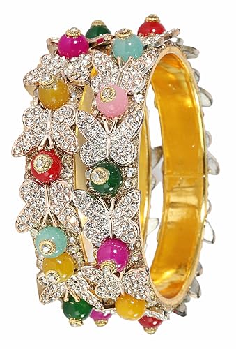 Image of LAVAZZA Stylish Butterfly Design Golden Metal with Zircon Diamond & Pearls Moti Bangles Kada For Women & Girls | Traditional Girl's Bangles Bracelet | Women's Kangan Wedding, Party-Set of 2