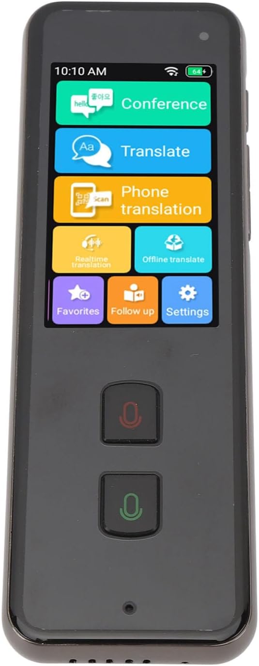 Close-up of the Yunir Real Time Language Translator's touch screen interface, showing various app icons for translation functions.