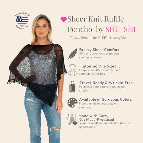 Image of SHU-SHI Women's Sheer Knit Poncho Shrug Lightweight Asymmetrical Ruffle Wrap Dressy Summer Shawl Cover Up Top