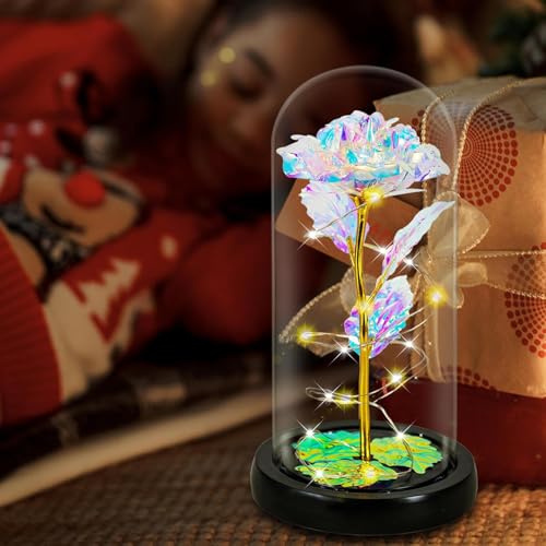 Listado de Rosa oro los mejores 5. 41 MARIA D Rosa Flower de lámina con Luces LED,Galaxy Rose chapada en Oro de 24 Quilates,Cúpula de Cristal con Rosa eterna Regalo para día de Navidad San Valentín Madre Boda...