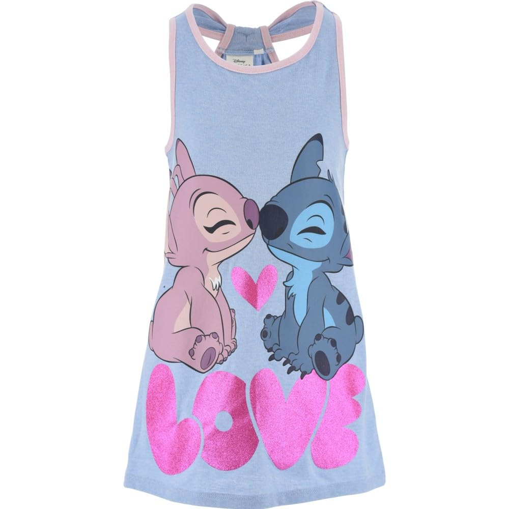 Disney Stitch Vestido para Niñas, Vestido Manga Corta para Niñas, Diseño 'Love' Stitch y Angel Vestido, Regalo para Niñas, Tallas 6 a 12 Años