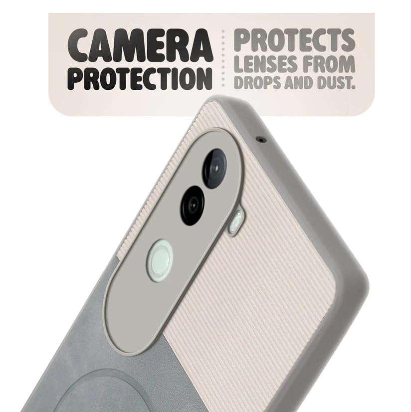 Image of Bintage CASE Mac Safe Design Hard Light Weight Back Case | Soft Border Camera Protect | Dual PU Leather Finish Back Cover Compatible for iQOO Z9s 5G - White & Grey