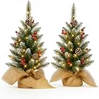2x 60cm Artificial Mini Christmas Trees with Colour Select Lights - 2ft Indoor Battery Operated LED Green Xmas Tree - Jute Hessian Base Bag 60cm 2 Pack Trees (Pinecones & Berries)