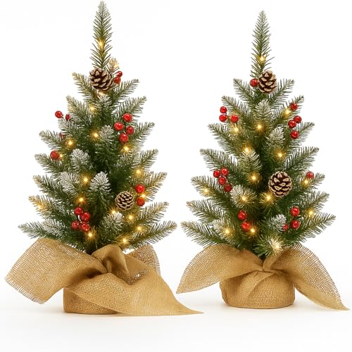 2x 60cm Artificial Mini Christmas Trees with Colour Select Lights - 2ft Indoor Battery Operated LED Green Xmas Tree - Jute Hessian Base Bag 60cm 2 Pack Trees (Pinecones & Berries)