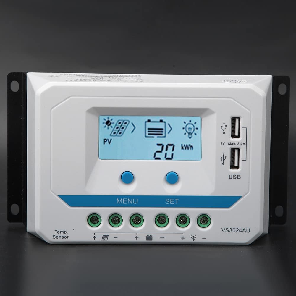 10A/20A/30A Solar Controller, 12V/24V Auto PWM Regulator LCD Display with Dual USB Port, Solar Panel Battery Intelligent Regulator (VS1024AU-10A)
