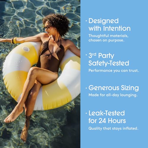Image of FUNBOY Giant Yellow & Blue Stripe Inflatable Pool Float with Cup Holder, 48 inch Adult Inner Tube Swim Ring Pool Lounger