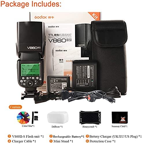 Ficha técnica Godox V860II-S High Speed Sync 1 8000S GN60 TTL Bateria Recargable Camara Flash Speedlite para Sony DLSR A7 A7R A7S A7II A7RII A58 A99 - Fernando Cortés
