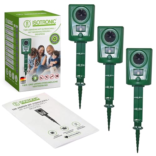 ISOTRONIC Tierabwehrgerät Ultraschall Tiervertreiber mit Batteriebetrieb | Akustische Tierabwehr inkl. Erdspieß | Effektiv vertreiben von Wildtiere, Vögel, Hunde, Katzen, Marder vertreiben | 3er Set