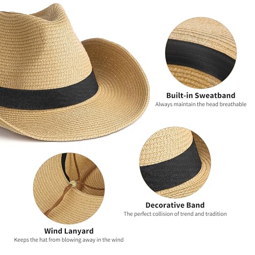 Image of Straw Cowboy Hat for Men Women Western Cowgirl Hats with Shapeable Wide Brim for Beach Sun Summer