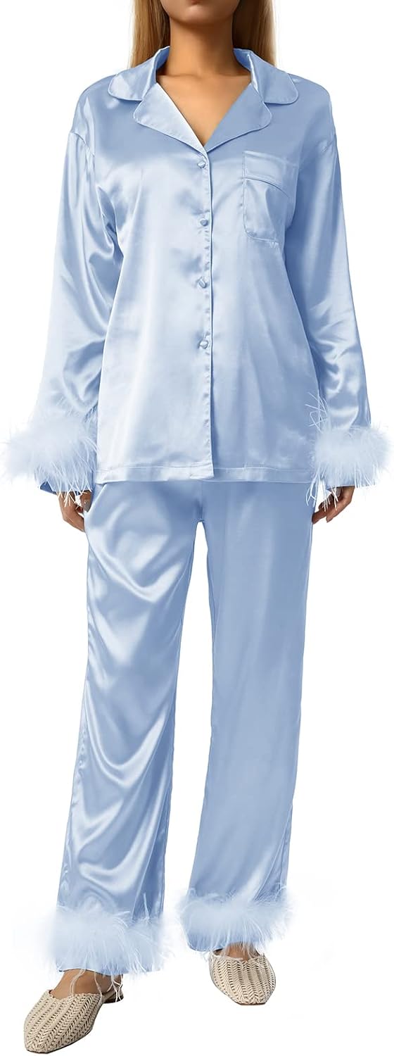 Pigiama Da Donna In Raso 2026 – Maniche Lunghe Con Orlo In Piuma E Polsini, Loungewear In Seta Morbida, Regalo Perfetto Per Natale E Capodanno