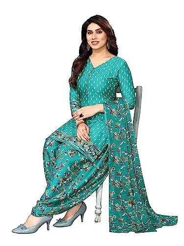 Image of Sidhidata Women's Women's Crepe Printed Patiyala Salwar Suit Dress Material Suit (DM Tree Seagreen Seagreen Unstitched)