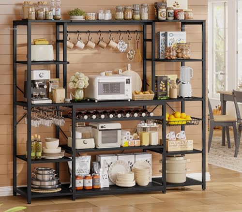 Image of UPOSOJA Large Bakers Rack with Power Outlet, 62.4in Wide Kitchen Microwave Stand with Storage Shelves, 5-Tier Coffee Bar, Wine Rack, Goblet Holder, 8 Hooks, Wire Basket(Black, Large)