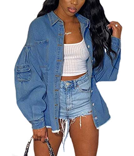 chouyatou Women's Bishop Sleeve Button Down Mid-Length Peplum Denim Jacket Coat