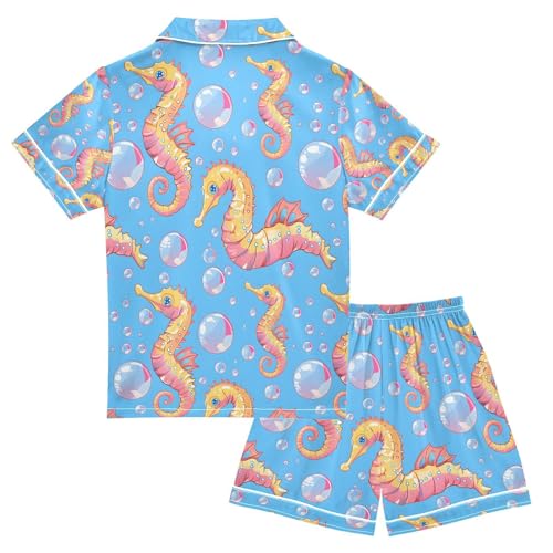 ALAZA Seahorse Bubble Blue Pajamas Satin Pajama Set Short Sleeve Button Down Sleepwear2