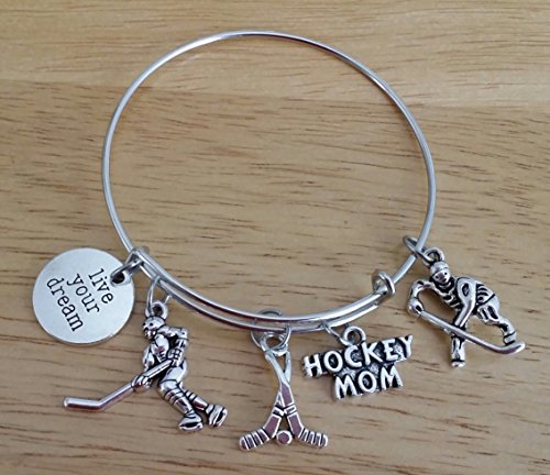 Image of Hockey Mom Bracelet, Hockey Bracelet, Hockey Jewelry, Hockey Stick Bracelet, Hockey Charm, Hockey Helmet Charm, Hockey Player Charm, Hockey Stick Charm, Gift for Hockey Fans, Hockey Bangle Bracelet