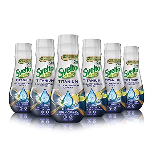 Svelto Gel Lavastoviglie Tutto in 1 Titanium, 6 Pezzi da 36 Lavaggi, Detersivo Lavastoviglie con Agenti Anti-calcare Attivi, Azione Super Sgrassante e Brillantezza, Bottiglia 100% Plastica Riciclata