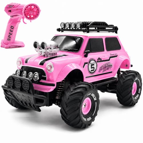 10Leccion Remote Control Car for Girls, Pink RC Truck with 2 Rechargeable Batteries, 2.4GHz Kids RC Monster Truck Toy, Easy Control Birthday Gift for Girls Ages 3-8