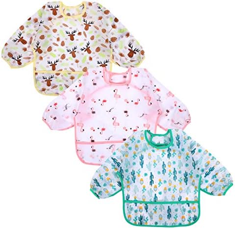 Accmor 3 Pack Long Sleeve Bibs, Baby Smock Waterproof Sleeved Bib Smock for Baby Toddler 6-36 Months