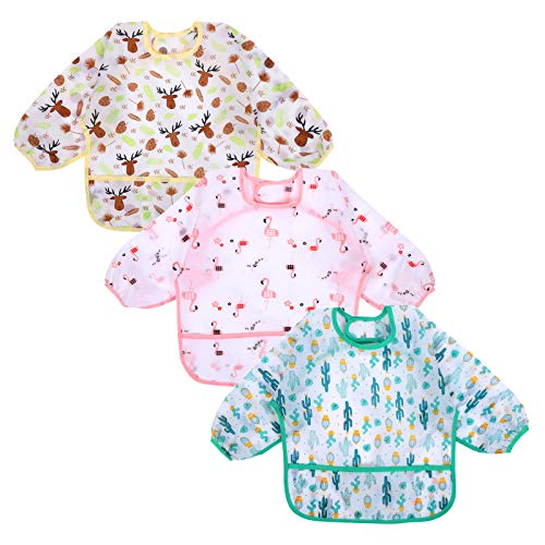 Accmor 3 Pack Long Sleeve Bibs, Baby Smock Waterproof Sleeved Bib Smock for Baby Toddler 6-24 Months