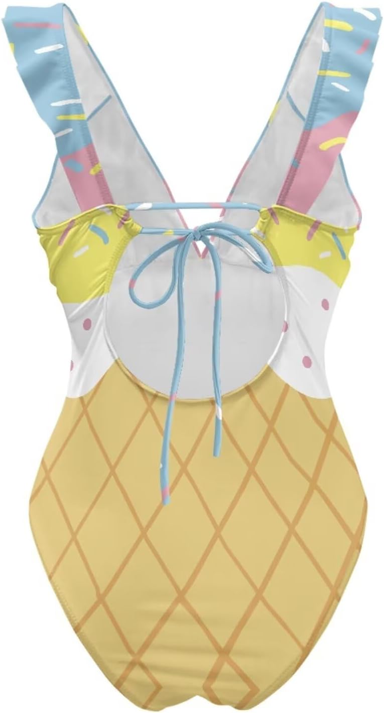 Women's One Piece Ice Cream Ruffled Swimsuit V Neck Bathing Suit Tummy Control Swimsuits Swimwear