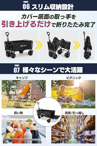 Yuumo+ キャリーワゴン 【大容量280L｜耐荷重250kg】 アウトドアワゴン こども乗せれる キャンプ 大容量 長物対応 後部展開 極太17cmタイヤ ワンタッチ折りたたみ式 スリム収納 600D生地 ボトルポケット付き の商品画像 5