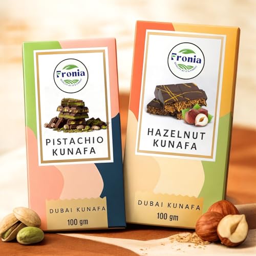 Image of Fronia Kunafa Chocolate Combo Pack Dubai Style - Pistachio & Hazelnut Kunafa Chocolate Dessert, Milk Chocolate with Creamy Pistachio & Hazelnut Filling & Crunchy Kunafa Layers | 100g Each