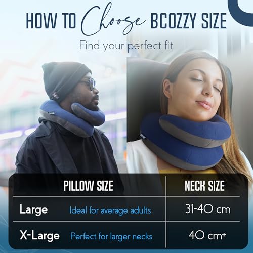Image of BCOZZY Travel Neck Pillow for Airplane - Patented Double Support for Head, Neck, and Chin. Best for Long Flights, Plane Sleeping & Car Rides. Adjustable Size. Fully Washable. Carry Bag. X-Large, Gray