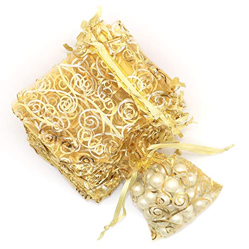Staruby Organza Gift Bag 100Pcs Gold Sheer Organza Bag Mesh Favor Bags Drawstring Jewelry Rattan Printed Gift Pouches for Wedding Party Favors Couple Shower Christmas Gifts Candy Bags (3x4 Inches)3