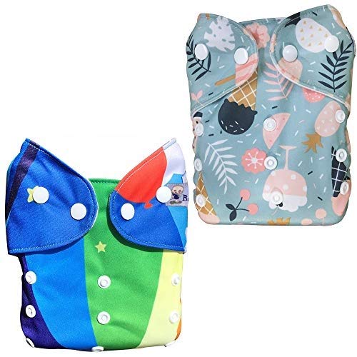 Image of Babymoon (Set of 2) Reusable Cloth Diaper, Premium Adjustable Size Waterproof Washable Pocket Cloth Diaper Nappie (Rainbow & InceCreamFires)