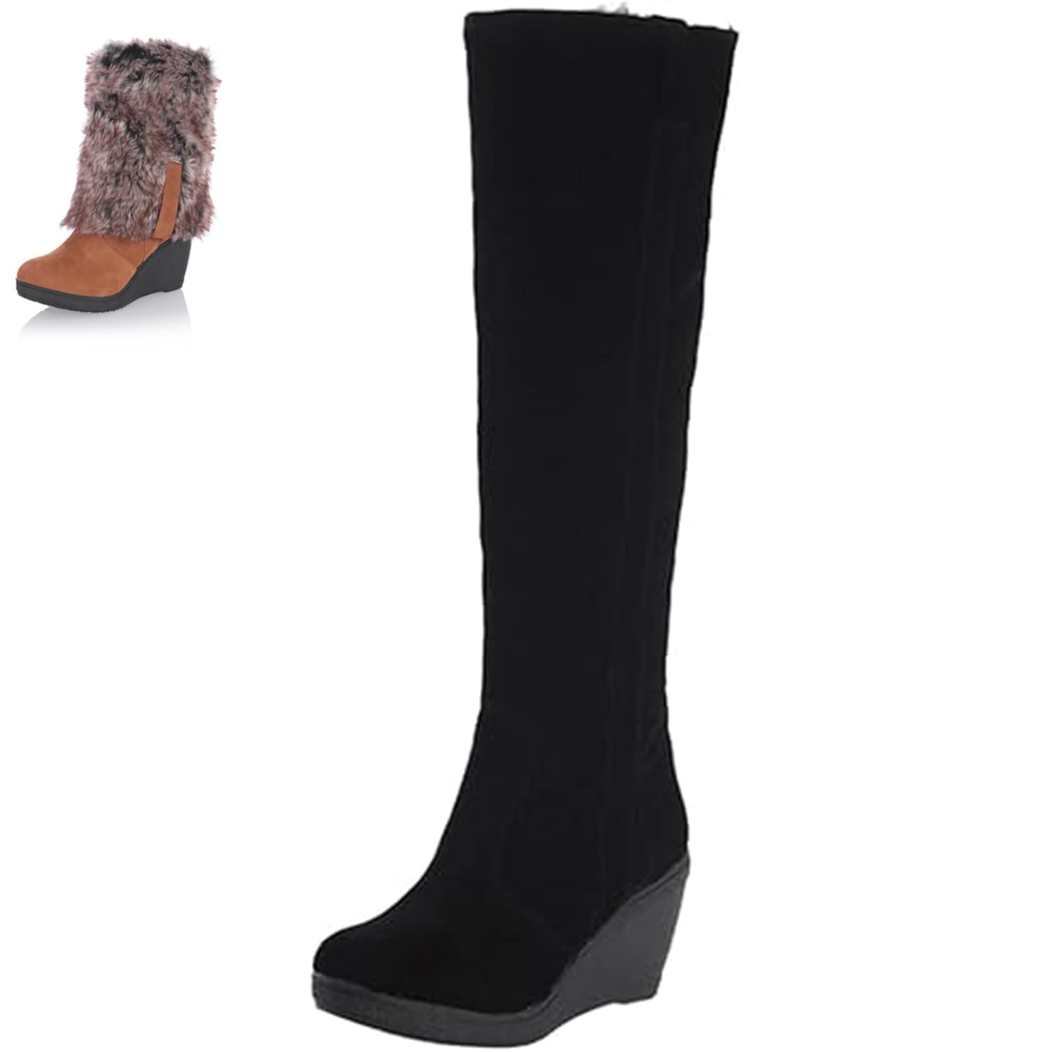 Faux Suede Tall Wedge Boots Knee High Boots for Women Fur Cuff Warm Fur Lined Snow Tall Boots