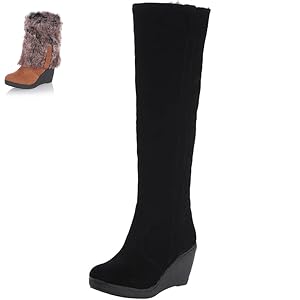 Faux Suede Tall Wedge Boots Knee High Boots for Women Fur Cuff Warm Fur Lined Snow Tall Boots