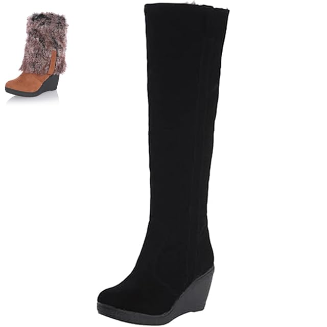 Faux Suede Tall Wedge Boots Knee High Boots for Women Fur Cuff Warm Fur Lined Snow Tall Boots