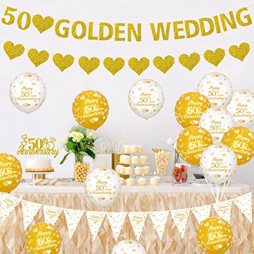 JOYMEMO Golden 50th Anniversary Decorations - Balloons, Banner, Heart Rings, Cake Topper, Satin Sash for Couple's Party Supplies - Image 2