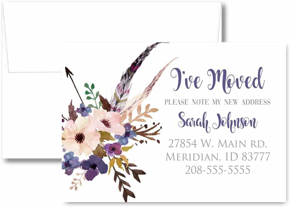 Spring Feather Floral Moving Announcement, Personalized Purple Flowers I've Moved Stationery, Change of Address with Envelopes, Handmade Moving Cards