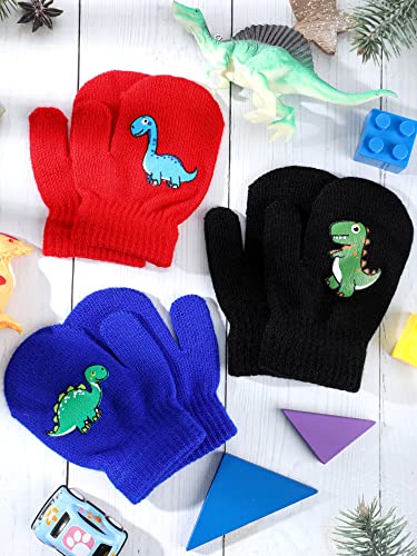 Image of Geyoga 3 Pairs Kids Mittens Winter Stretchy Knit Gloves Winter Dinosaur Full Finger Toddler Mittens for Boys Girls
